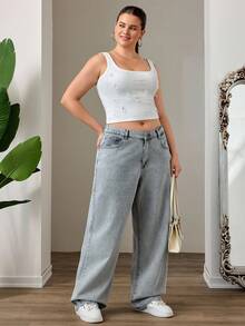 SHEIN Cottnline Plus Size Women Embroidered Mid-Waist Button Pocket Straight Leg Jeans - Light Grey - View 5