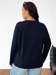 SHEIN EZwear 秋季大码纯色休闲长袖T恤 - 藏蓝色 - 查看 2