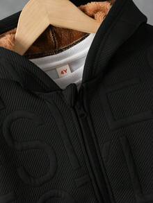 SHEIN Explorewe 2pcs/Set Young Boy Casual Solid Color Long Sleeve Comfortable Thermal Lined Hooded Jacket And Pants Set, Suitable For Casual Daily Wear And Outdoor Activities In Autumn/Winter - Black - View 7