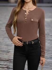 EMERY ROSE Women's Solid Color Notch V-Neck Casual Long Sleeve T-Shirt, Spring/Summer Fall Cloth For Women - Brown - View 4