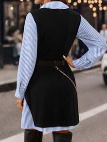 SHEIN Clasi Camisa Listrada Azul e Branca de Manga Longa Feminina, Jaqueta de Colete de Malha com Cinto, Elegante para Uso Diário e Transporte, Conjunto de 2 Peças para Outono/Inverno - Multicolorido - Visão 3