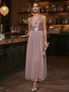 EMERY ROSE Váy lưới không tay cổ chữ V cho nữ - Hồng - Xem 5