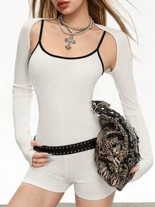 INAWLY Women's Long Sleeve Camisole Top And Spaghetti Strap Jumpsuit Casual 2 Pieces Set - White - View 2