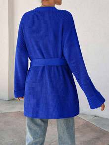 EURMUSE Women Oversize Asymmetric Shaped With Belt Detailed Rib Knitted Cardigan - Blue - View 2