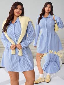 Solflare 2025 New Casual Everyday Dress, Suitable For Outings, Parties, Dates, Holidays And Multiple Occasions, Versatile, Collared, Waist Cinched, Blue & White Striped, Can Be Worn As Outer Or Inner Layer, Plus Size
