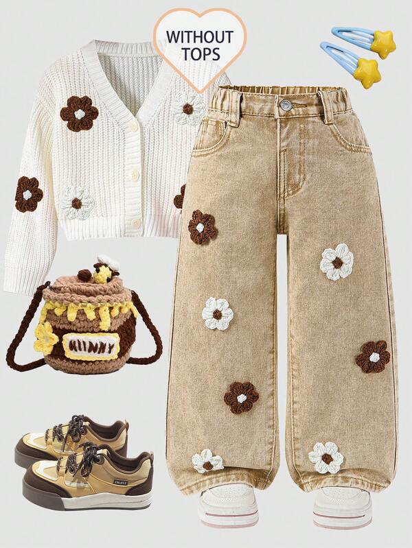 Young Girls' Denim Wide Leg Jumpsuit, Vintage Inspired Cute & Sweet Casual College Style Vacation Outfit Recommendation. Classic Washed Denim In Khaki Or Coffee & White Handmade Floral Crochet Decor, Elastic Waist + Button Front For Easy Wear, Loose Wide Leg Design Flatters The Legs And Shows Free Spirit. Suitable For Daily Outings, Campus Casual, Travel & Vacation Strolling, Easily Exudes Youthful Vitality! Fall Winter