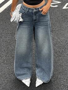 Livesso 女式水钻装饰直筒休闲牛仔裤，宽松版型，适合派对、婚礼、休闲装、春秋季 - 藍色 - 查看 5