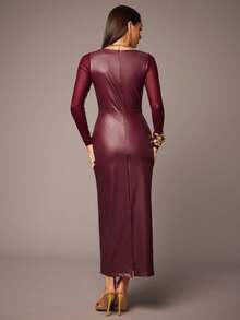 Silquee 女式纯色甜心领长袖 PU 皮革修身优雅连衣裙 - 酒紅色 - 查看 2