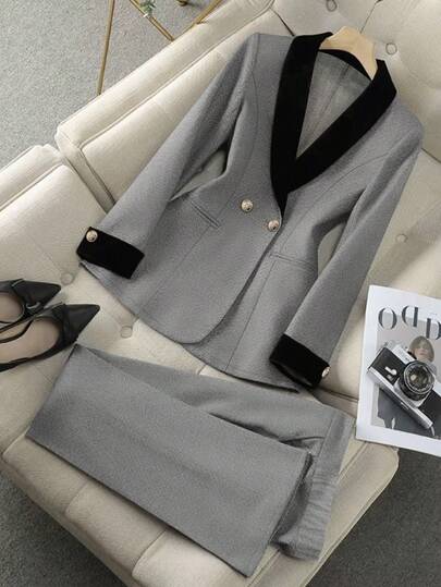 GlowEve CURVE Women's Casual Grey Plus Size Suit Set Long Sleeve Regular Fit Shawl Collar Woven Fabric With Pockets