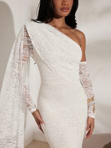 Opulessa Casual Solid Color Knit Lace Asymmetric-Shoulder Long Dress For Women, Wedding Guest Outfits, Autumn Winter Women, New Year Look, Thanksgiving Outfits, Elegant Dresses Party, Luxury Evening Dresses For Weddings, Sexy Club Outfits, Casual Dress