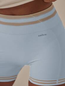 Aralina 休闲高腰无缝拼接细节紧身臀部塑形运动健身短裤 - 藍色 - 查看 4