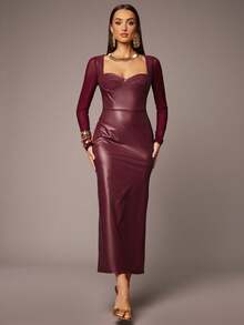 Silquee 女式纯色甜心领长袖 PU 皮革修身优雅连衣裙 - 酒紅色 - 查看 3