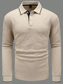 Manfinity Mode 男式撞色饰边纽扣休闲长袖 Polo 衫 - 杏色 - 查看 5