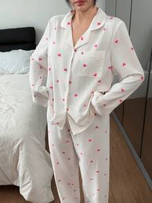 女士休闲可爱爱心印花长袖长裤开衫睡衣套装，秋冬女士睡衣套装，柔软可爱睡衣，女士秋季服装 - 彩色 - 查看 2