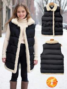 SHEIN Tween Girl Button Decor Solid Color Sleeveless Padded Coat,Casual & Versatile Black Winter Modest Puffer Vest For Date,School,Travel & Daily Wear - Black - View 1