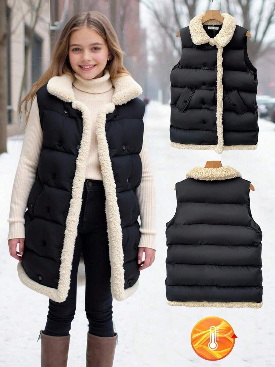 SHEIN Tween Girl Button Decor Solid Color Sleeveless Padded Coat,Casual & Versatile Black Winter Modest Puffer Vest For Date,School,Travel & Daily Wear - Black - View 1