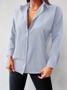 Cottnline Camisa unicolor con botón delantero de hombros caídos - Celeste - Ver 4