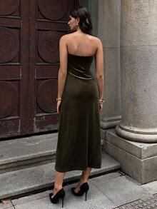 Sweetra Váy nhung ôm sát midi cổ lông giả phong cách Pháp cổ điển mùa thu/đông cho nữ, màu xanh ô liu - Màu xanh lá cây đậm - Xem 2