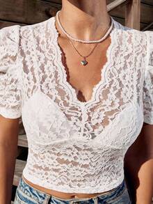 LanaWest Women Lace Trim Sexy Stylish T-Shirt Top, Suitable For Everyday, Gathering, Party And Beer Festival In Summer, Dirndl - White - View 4