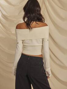 Aralina 秋冬露肩翻领针织长袖套头衫，带拇指孔和可拆卸袖子，可爱舒适的女士外出上衣，适合圣诞节和新年穿着，乡村风格 - 杏色 - 查看 2