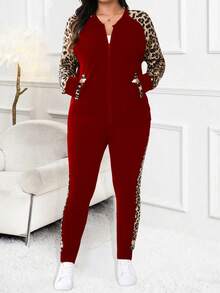 SHEIN LUNE Plus Size Leopard Print Patchwork Jacket And Pants 2 Pieces Set, Autumn - Burgundy - View 3