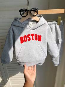 SHEIN 2 件婴儿男女通用服装，可爱灰色字母印花连帽衫和慢跑裤套装，婴儿冬装 - 彩色 - 查看 5