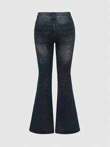 ROMWE Grunge Punk Y2K Chic Leopard Print Flare Leg Skinny Low Waist Jeans For Women - Navy Blue - View 2