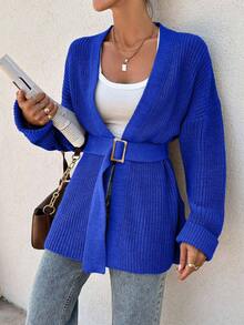 EURMUSE Women Oversize Asymmetric Shaped With Belt Detailed Rib Knitted Cardigan - Blue - View 6