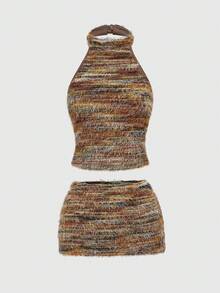 ROMWE Y2K sexy rückenfreies aufgeblähtes strukturiertes Vintage Damen 2 Stücke Set, Herbst/Winter - Verschiedenfarbig - Übersicht 1