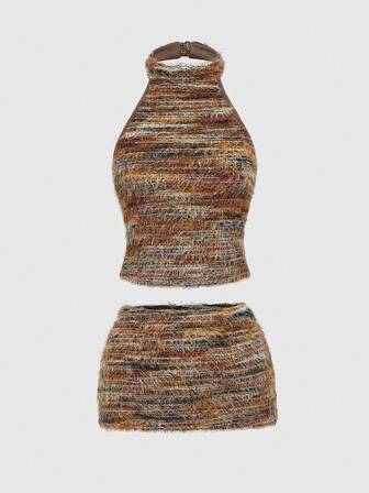 Set da 2 pezzi da donna vintage con texture a rilievo, sexy e senza schienale, adatto per autunno/inverno in stile Y2K