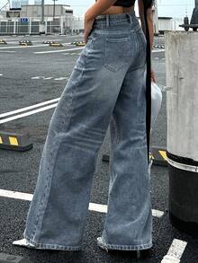 Livesso 女式水钻装饰直筒休闲牛仔裤，宽松版型，适合派对、婚礼、休闲装、春秋季 - 藍色 - 查看 7