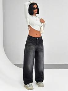 EURMUSE Quần jean denim lưng cao cổ điển cho nữ, thẳng màu đen, giặt máy - màu đen - Xem 3