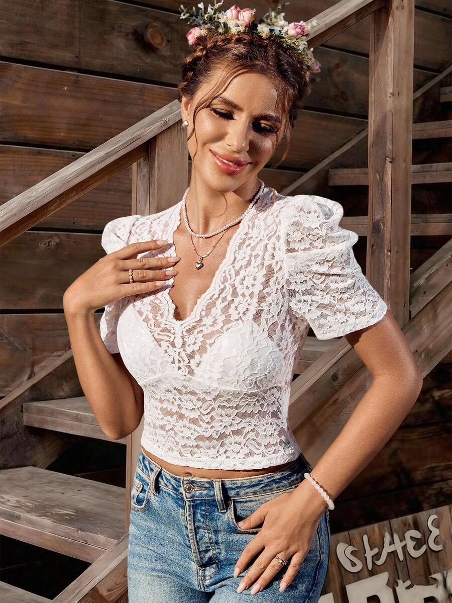 LanaWest Women Lace Trim Sexy Stylish T-Shirt Top, Suitable For Everyday, Gathering, Party And Beer Festival In Summer, Dirndl - White - View 1