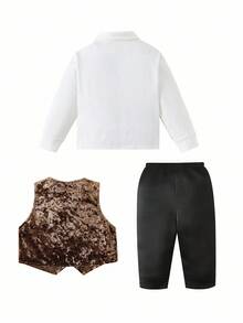 SHEIN 男宝宝秋冬可爱丝绒针织三件套西装：外套、裤子、衬衫，绅士装扮，适合生日派对、锐舞派对、晚宴、演出、婚礼、满月、洗礼、一周岁生日庆祝、婚礼宾客、婴儿洗礼等场合。 - 彩色 - 查看 3