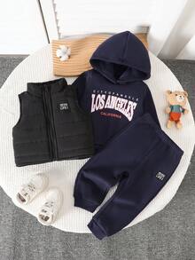 3pcs Baby Boy Landmark Print Hooded Sweatshirt Set With Vest Jacket, Suitable For Autumn/Winter, Black Set With Black Vest Is Versatile Baby Boy Winter Sets Baby Boy Tracksuit Baby Boy Hoodie Set Baby Boy Casual Set Baby Set Autumn Winter Season