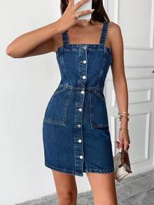 EURMUSE Solid Color Pocket Front Button Casual Versatile Denim Pinafore Dress - Medium Wash - View 7