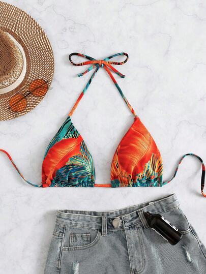 SHEIN Swim Top de bikini sexy con estampado tropical de plantas y atar al cuello (estampado al azar)
