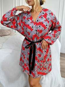 EURMUSE Women Contrast Colour Bow Pattern Homewear Basic Robe - Black - View 1