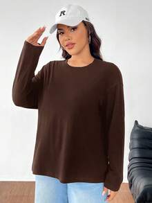 SHEIN EZwear Plus Size Loose Fit Drop Shoulder Crew Neck T-Shirt, Plus Size, Chocolate Brown/Winter