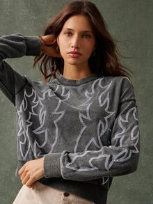 WESTFADE 水洗棉混纺法式毛圈布圆领西部刺绣长袖宽松卫衣，休闲可爱，适合秋季穿着，波西米亚风，秋冬季皆宜。 - 黑色 - 查看 1