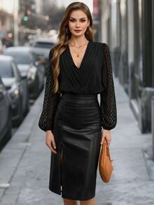 EMERY ROSE Contrast Mesh Lantern Sleeve Overlap Collar Bodysuit Fall Cloth For Women - Black - View 3