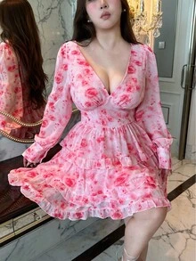 Flirla Romantisches Rüschenkleid in Große Größen für Partys - Pink - Übersicht 4