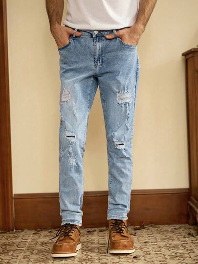 RivetRise 前卫男士中度水洗阔腿牛仔裤，带拉链细节，长款纯色设计，休闲穿着