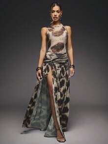 Hauture 杏色优雅性感无袖针织网眼印花连体裤蛇皮印花扭纹褶皱A字高开衩裙女式两件套 - 彩色 - 查看 6