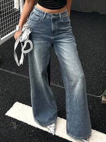 Livesso 女式水钻装饰直筒休闲牛仔裤，宽松版型，适合派对、婚礼、休闲装、春秋季 - 藍色 - 查看 1