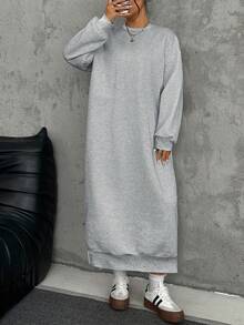 SHEIN EZwear 大码宽松休闲长款羊毛卫衣连衣裙，秋冬 - 灰色 - 查看 3