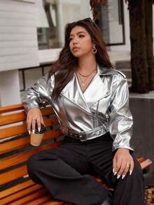 Vionelle Chaqueta corta de mujer de talla grande con acabado metálico de PU