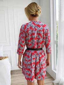 EURMUSE Women Contrast Colour Bow Pattern Homewear Basic Robe - Black - View 2