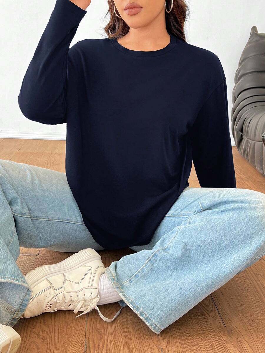 SHEIN EZwear 秋季大码纯色休闲长袖T恤 - 藏蓝色 - 查看 1