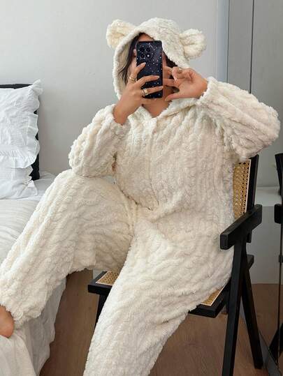 SHEIN Plus Size Plush Wheat Jacquard Cozy Cute Animal Ear Decor Hooded Fluffy Pajamas Jumpsuit, Winter